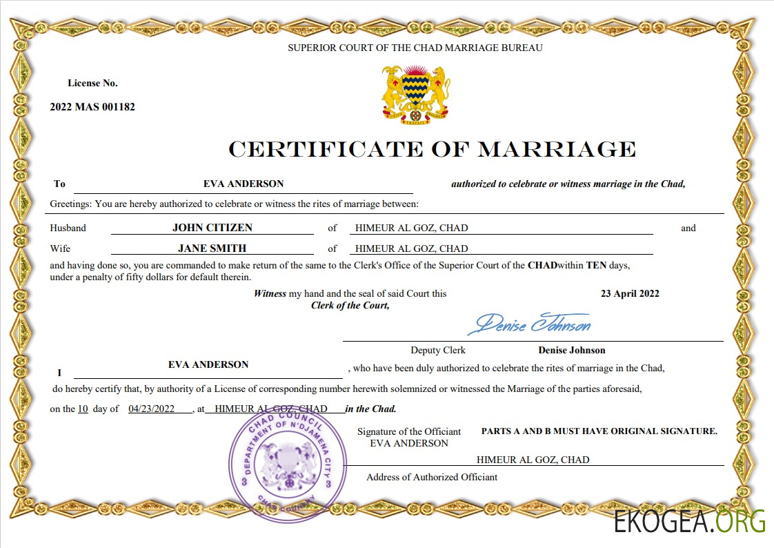 Modèle Word et PDF d'acte de mariage au Tchad